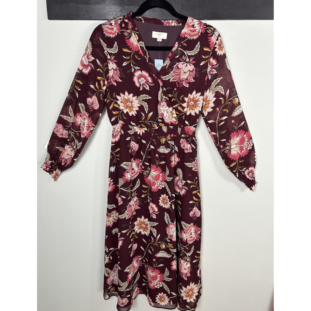 NWT Loft Burgundy Floral Smocked Waist Long Sleeve Midi Dress Small P